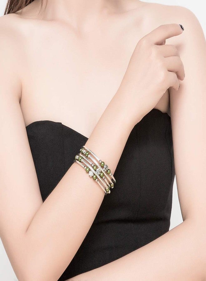 BULINLIN Wrap Bangle Rose Bead Bracelet - Beaded Bracelet with Natural Agate Stone Gifts For Women(01-Olive green pearl) - Image 5